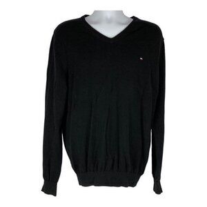 Tommy Hilfiger Black V-Neck Knit Sweater L/G Long Sleeve Mens Cotton Blend